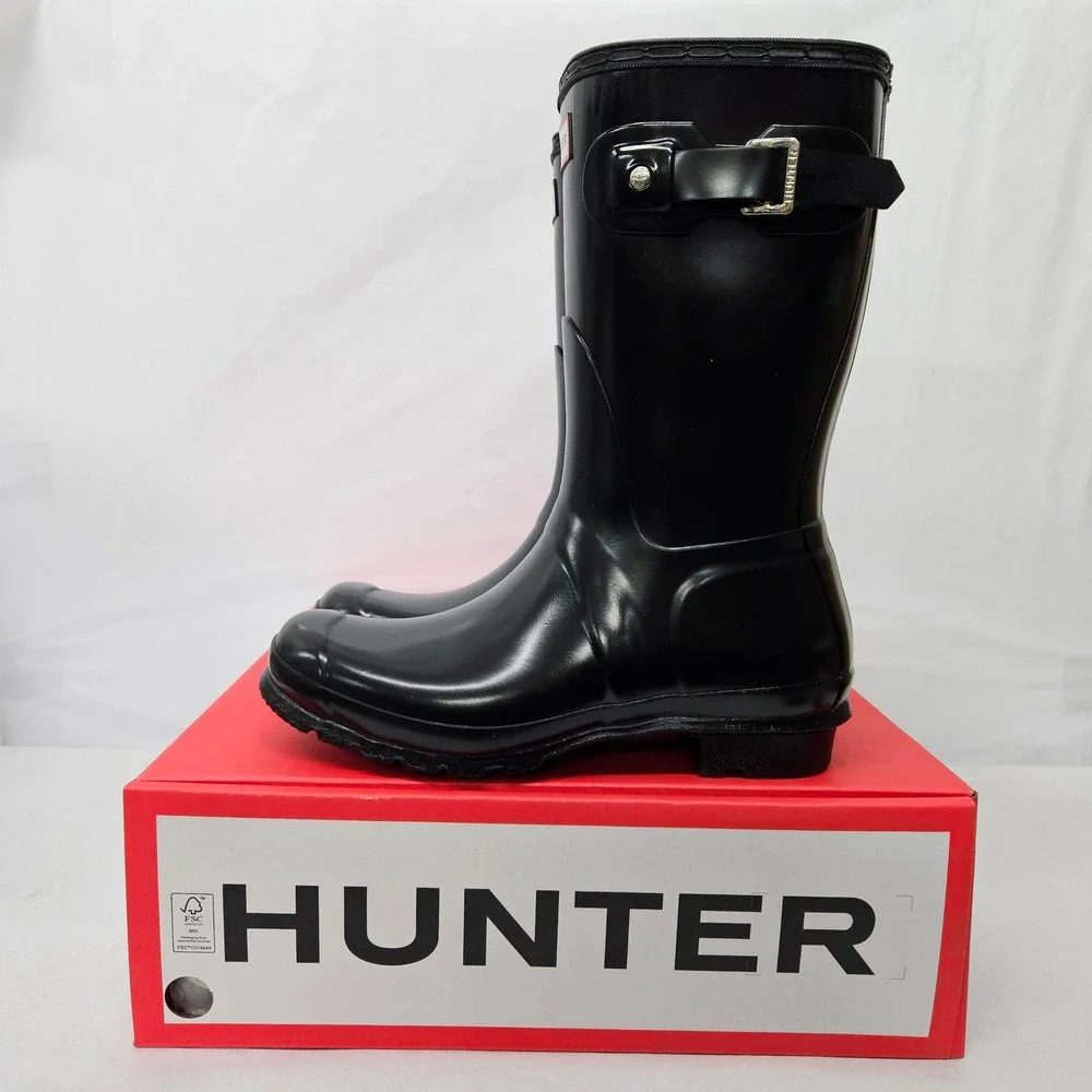 Hunter Original Short Gloss Rain‎ Boots WFS1000RGL Black Women's Size 8